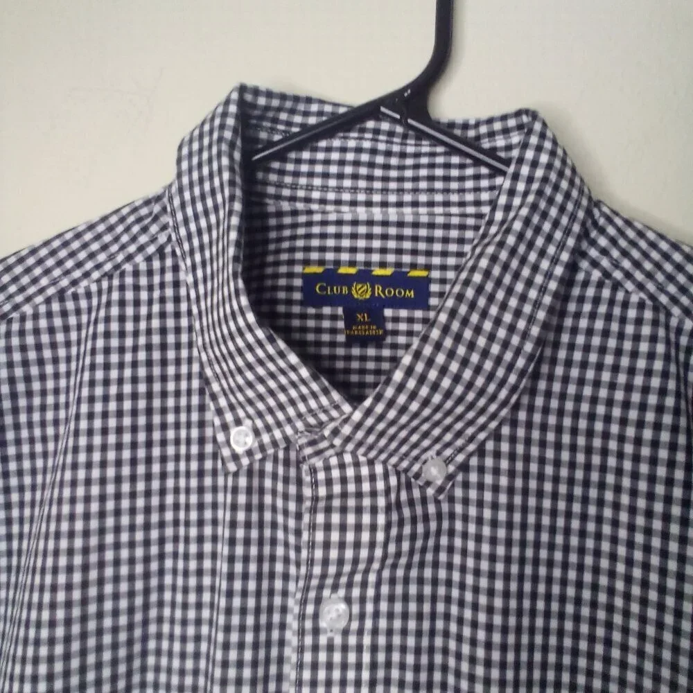 Club Room Shirt Men XL Button Down Short Sleeve Plaid Gingham Black White